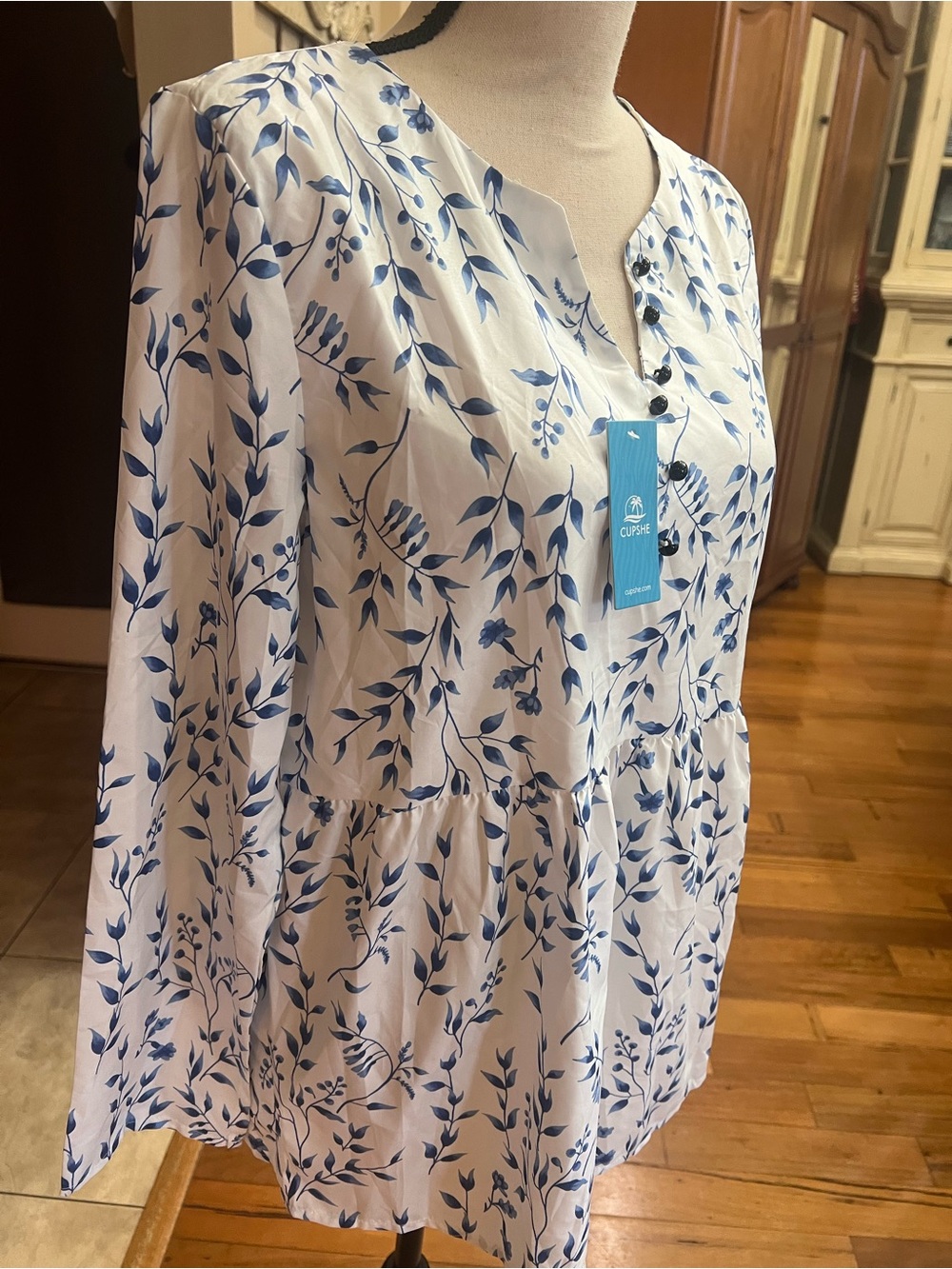 Cupshe White Blouse with Blue Botanical Print - Picture 2 of 5